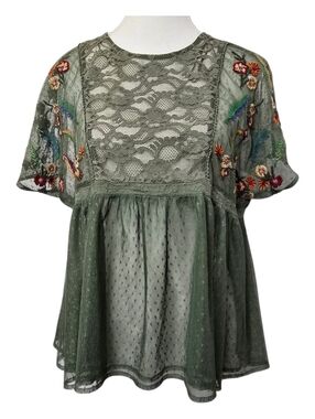 ZARA Olive Green Boho Floral Embroidered Sheer Mesh Blouse Peplum Top Romantic